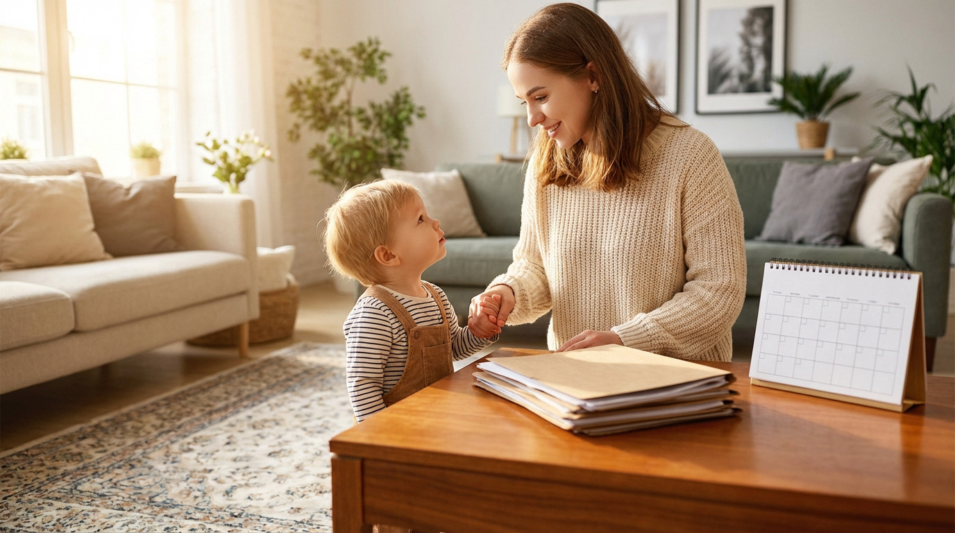 Parent and child hold hands, smiling in a warm living room with documents and a blank calendar on a wooden table.