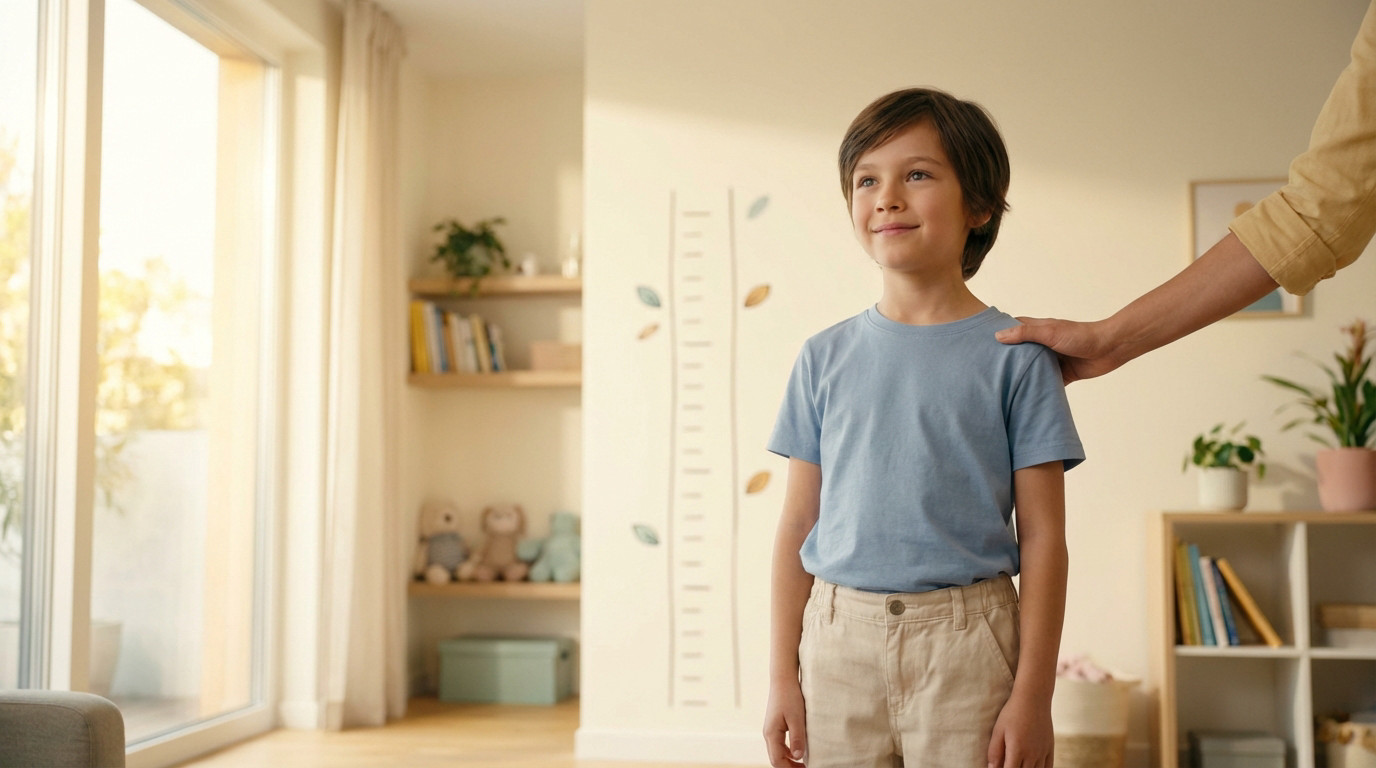 Hopeful child (8-10) in a bright, warm room, adult's supportive hand on shoulder, next to a growth chart on the wall.