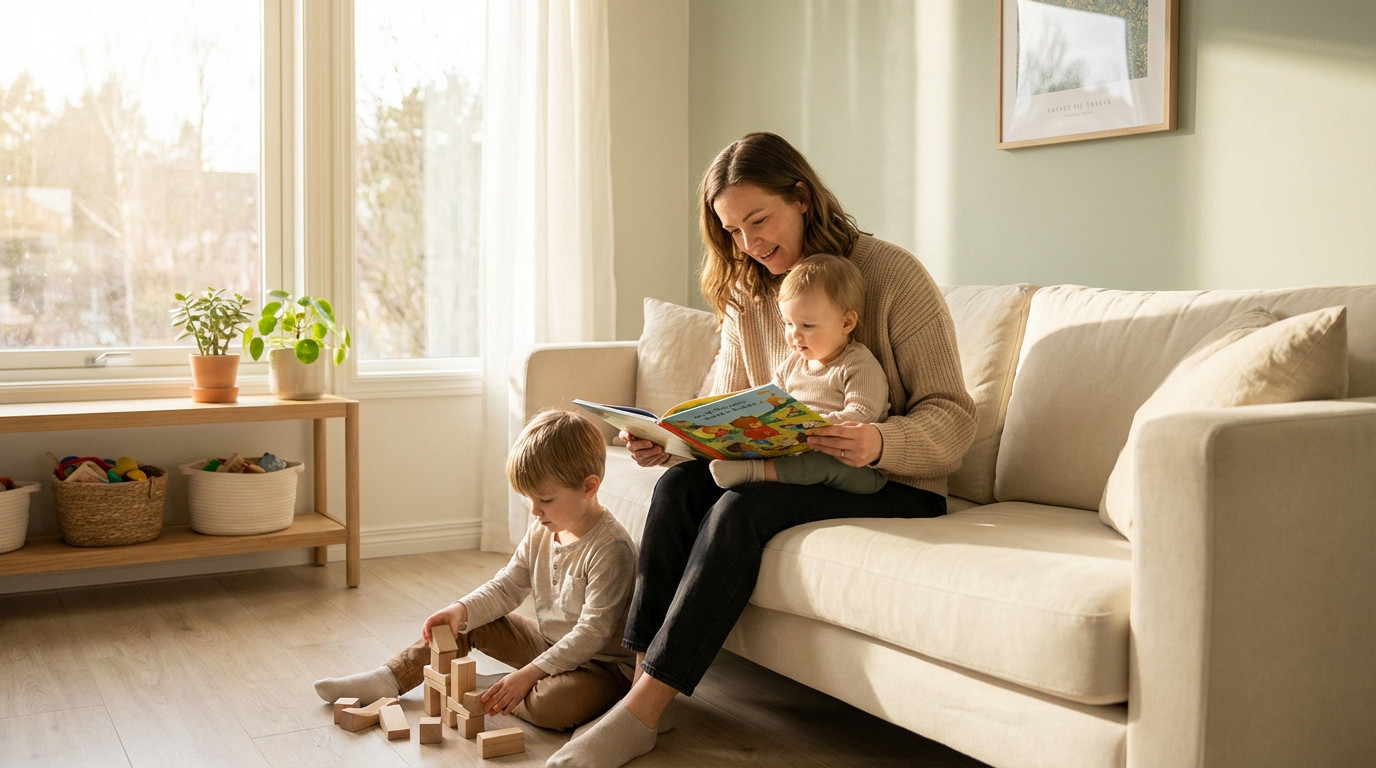 A caring adult reads a book to a baby on a sofa, while a child plays with blocks in a bright, sunlit modern living room.