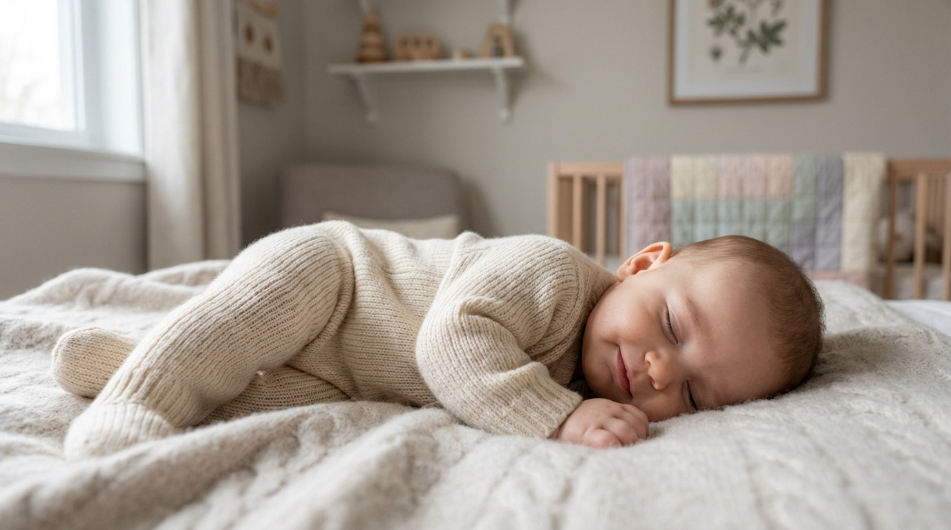 Close-up of a baby sleeping peacefully on a cream blanket, wearing a soft, natural-colored merino wool sleepsuit. Diffused light in a cozy nursery.