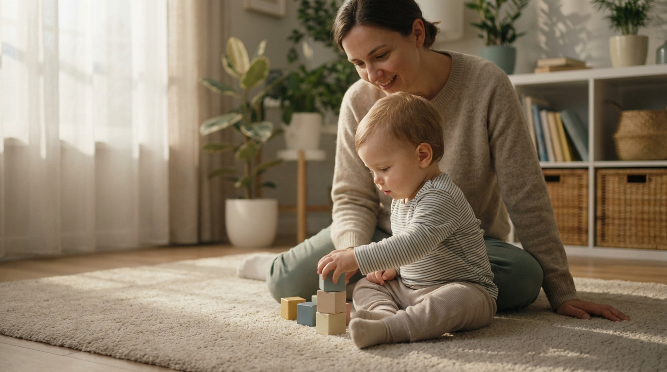 Mother and baby on a rug. Baby plays with wooden blocks while mother watches with a gentle smile in a cozy, sunlit room.