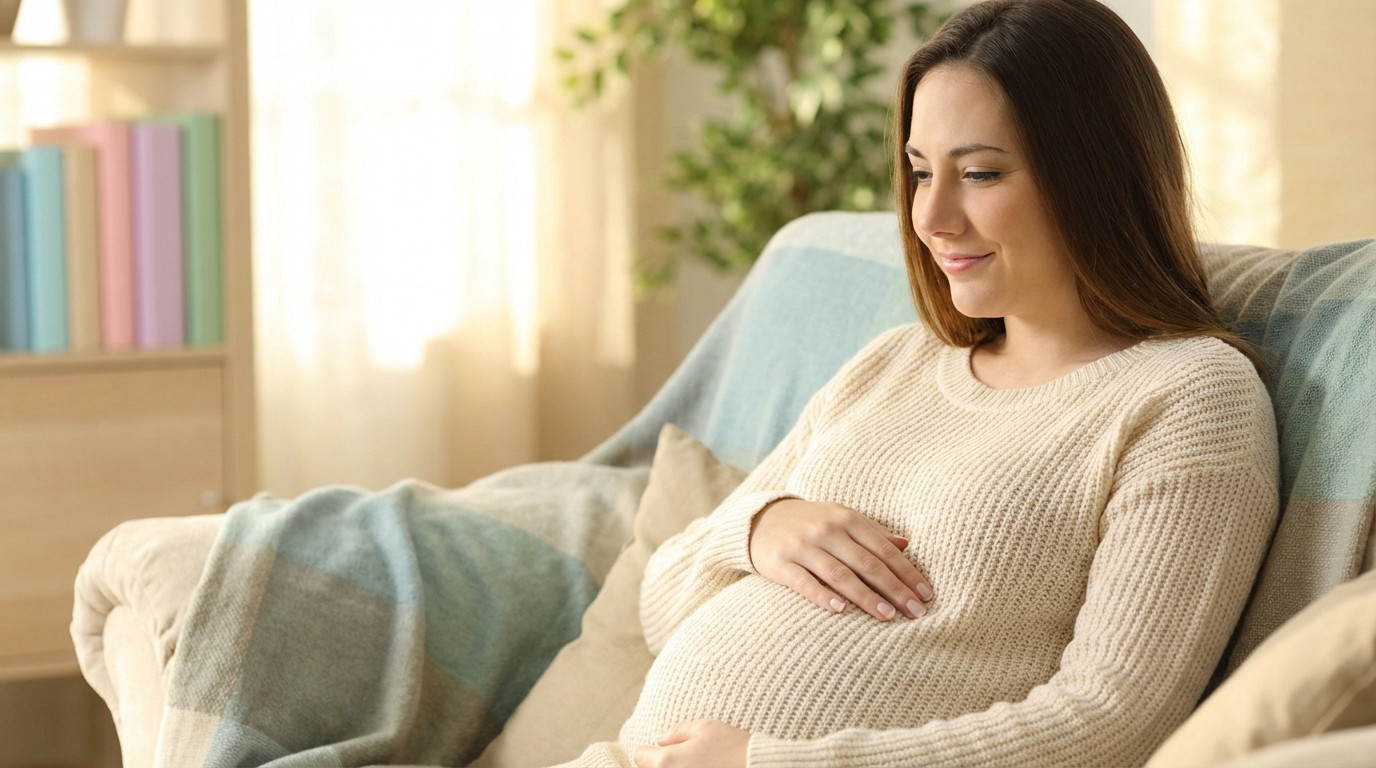 A serene pregnant woman in a cream sweater gently touches her belly while sitting on a couch in a warm, sunlit living room.