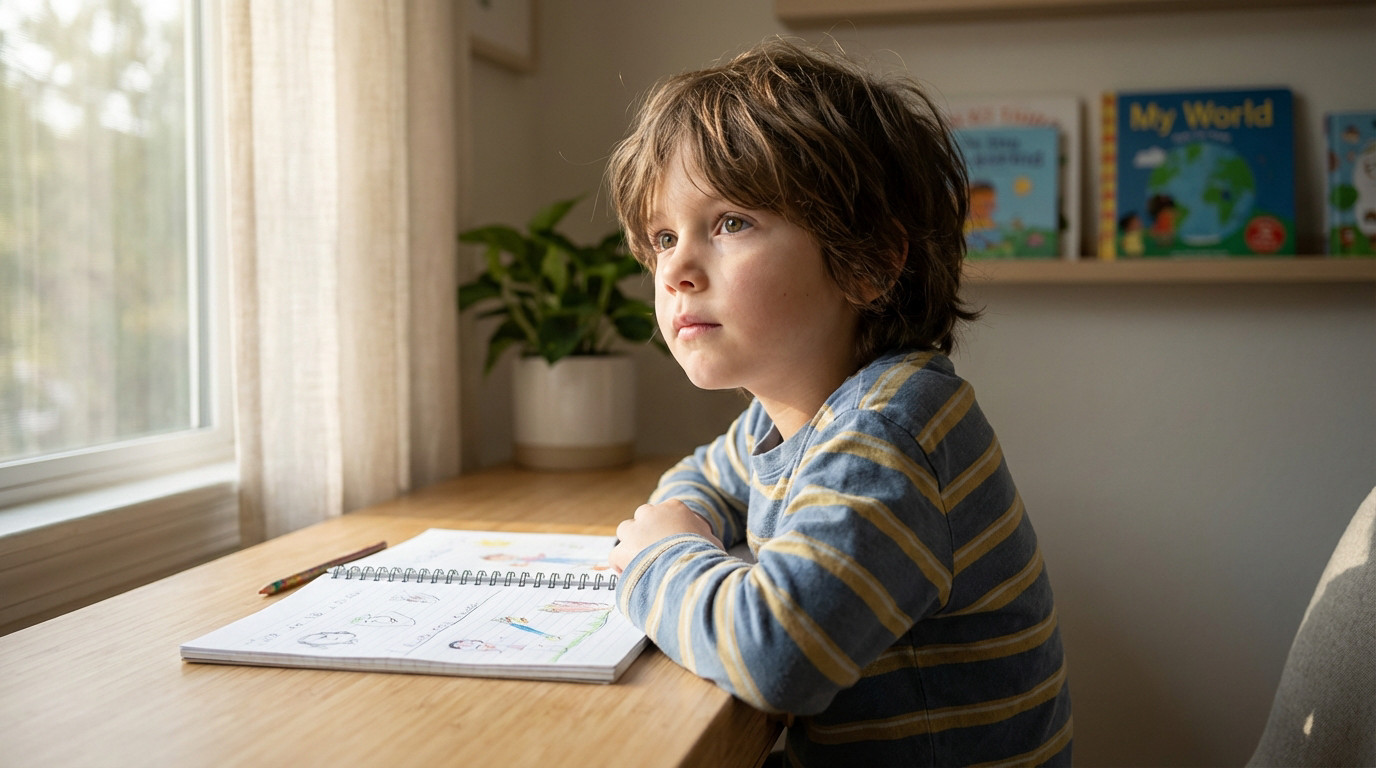 A young boy sits thoughtfully at a wooden desk by a window, notebook open. Bookshelf and plant visible in a soft-lit room.