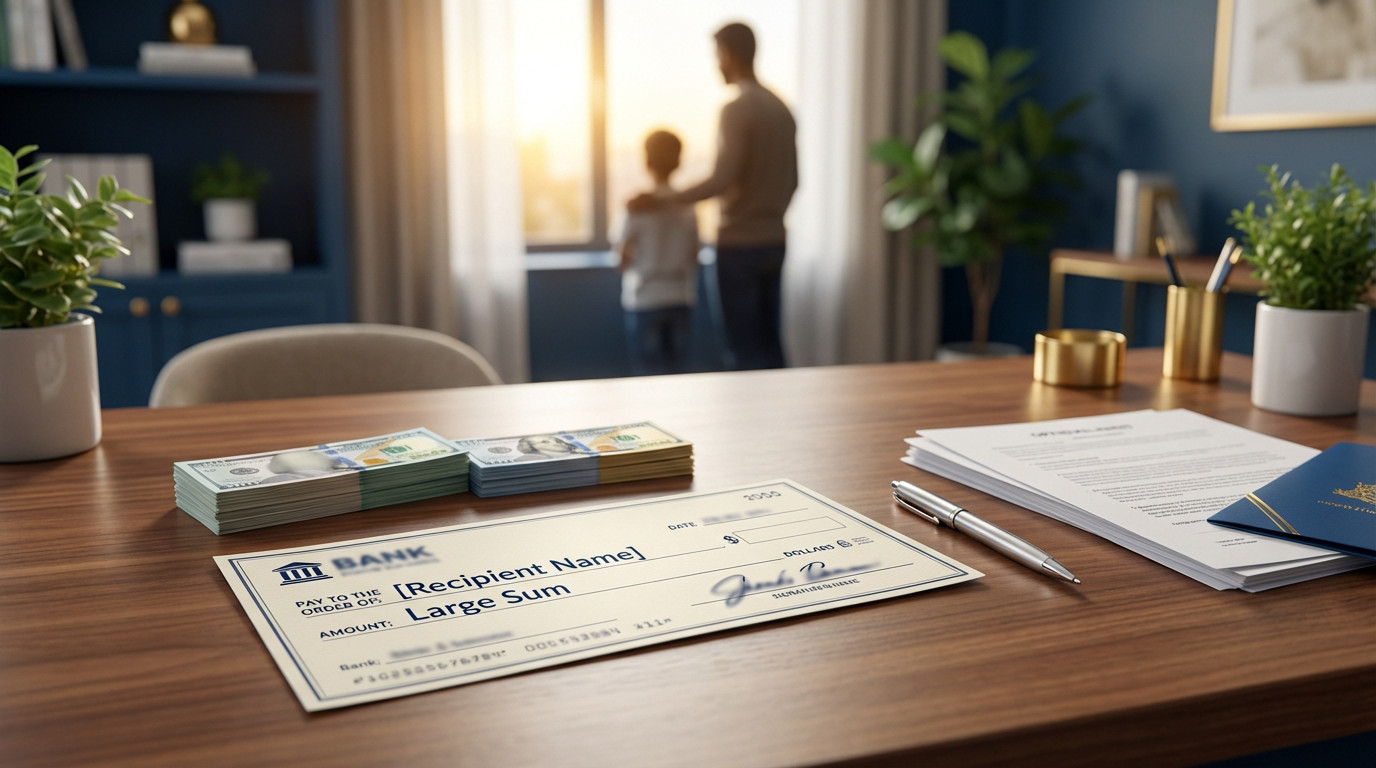 Photorealistic image of a desk with a check, cash, and documents. Blurred adult and child in background symbolize a secure family future.