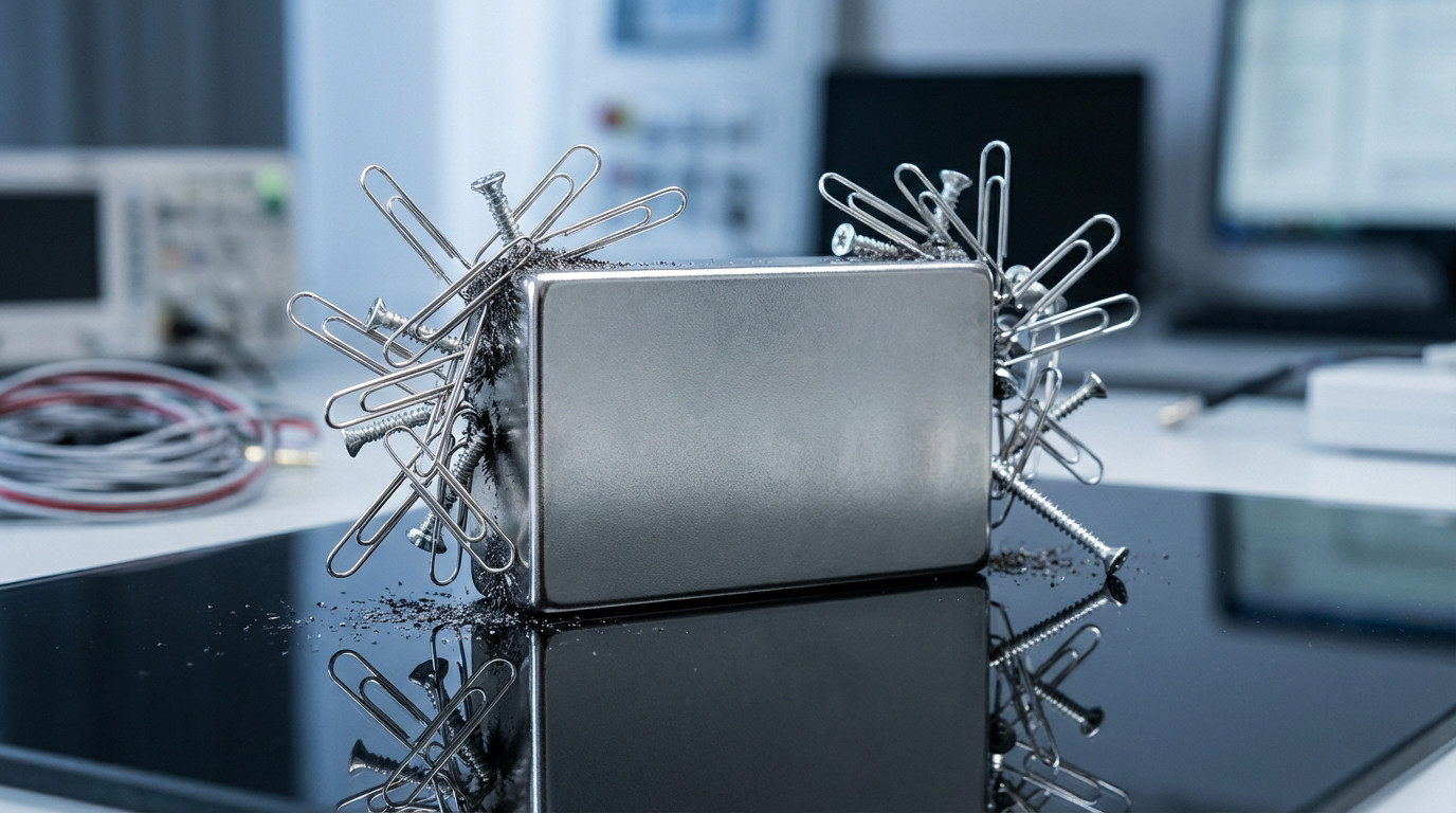 A powerful block magnet on a reflective surface strongly attracts paperclips, screws, and iron filings in a blurred lab.