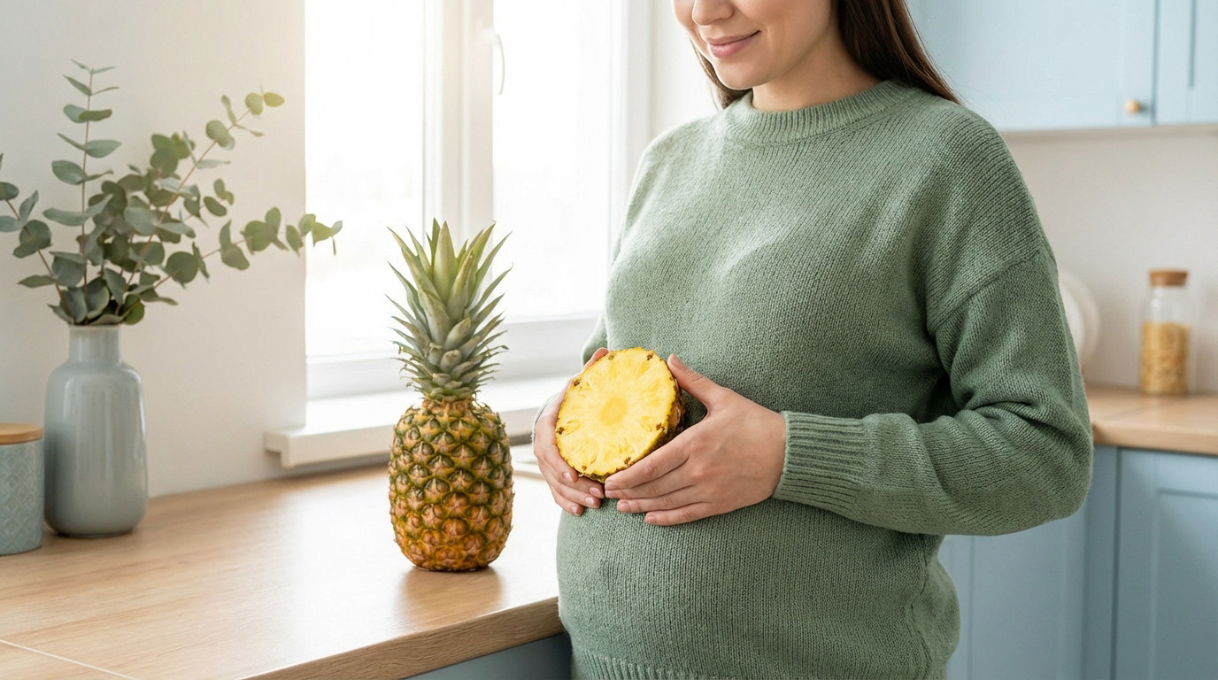 Pregnant woman in a green sweater holds a pineapple slice near her belly, with a whole pineapple and eucalyptus in a bright kitchen.