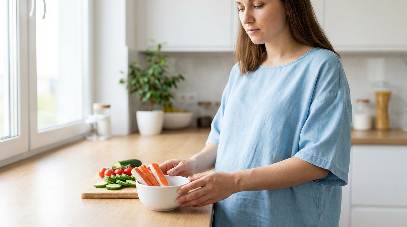 A pregnant woman in a bright kitchen holds a bowl of surimi sticks next to fresh vegetables on a wooden counter.