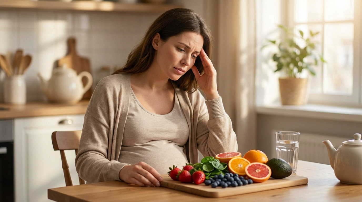 A pregnant woman holds her temple, showing discomfort, while looking at a board of fresh fruit, vegetables, and a glass of water on a kitchen table.