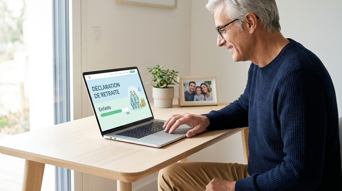 Homme souriant, 60 ans, remplit déclaration de retraite sur laptop. Écran: "Déclaration de Retraite", "Enfants". Bureau moderne, lumière naturelle.