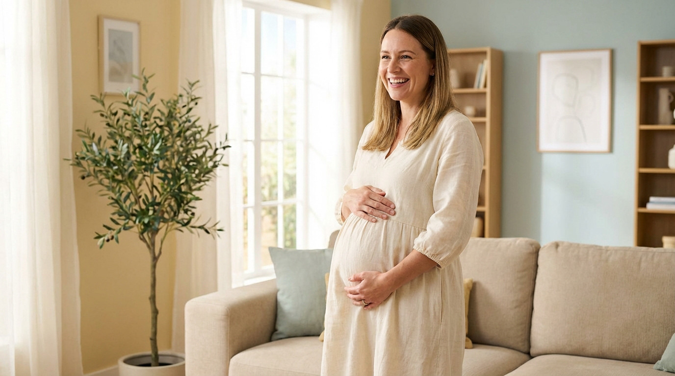 A happy pregnant woman in a light dress gently holds her baby bump, standing in a warm, sunlit home.