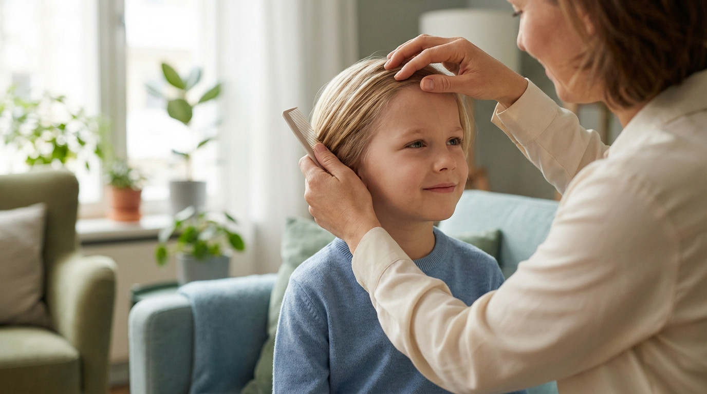 Adult gently inspects a calm child's blonde hair with a comb in a bright, warm home, showing care and prevention.