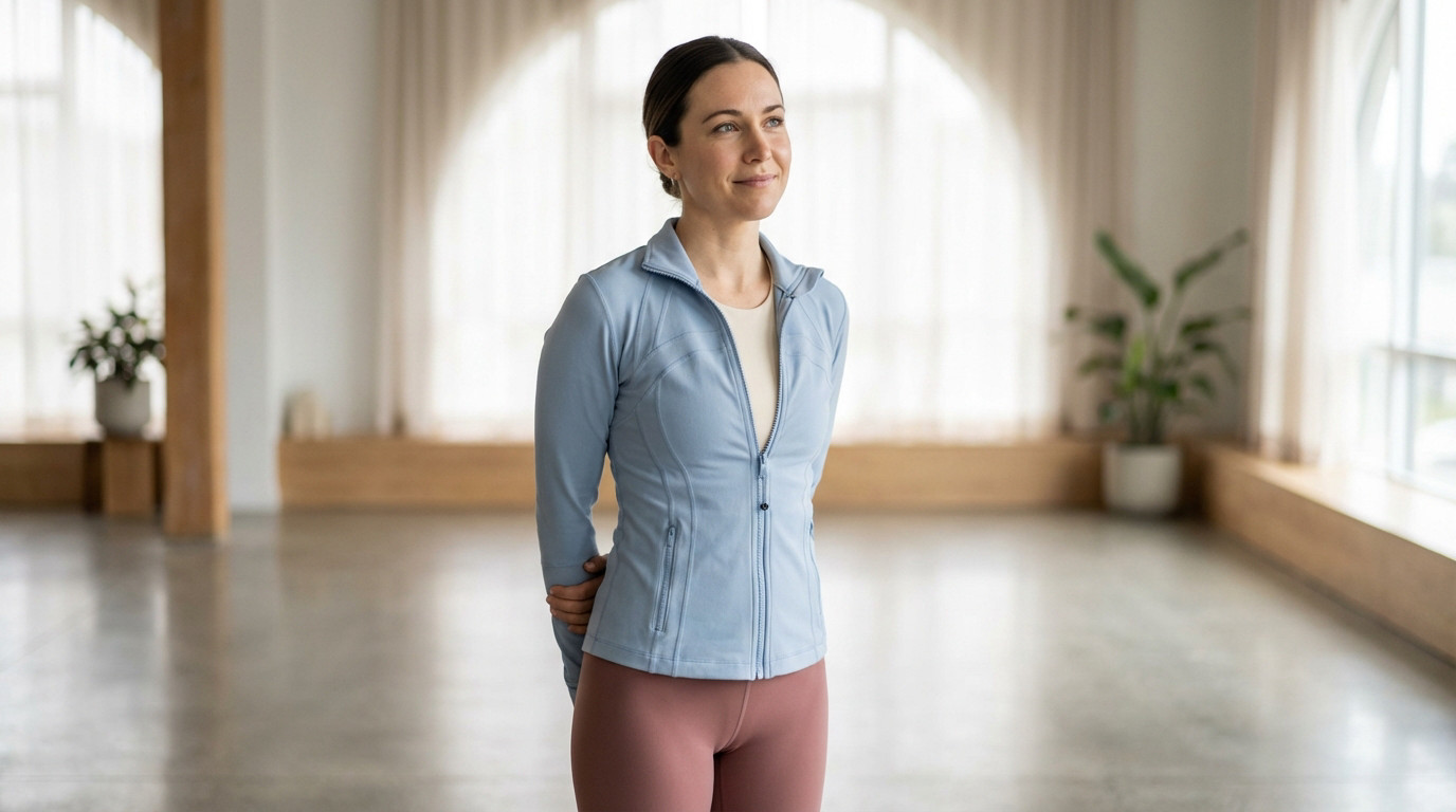 A woman in light blue athletic wear stands confidently in a bright, modern studio, looking forward with a serene smile.