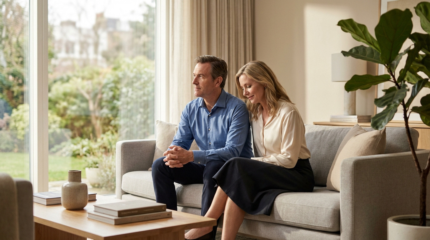 A man and woman in their 50s sit on a sofa in a bright, elegant living room, looking thoughtfully at a garden view. Calm, private moment.