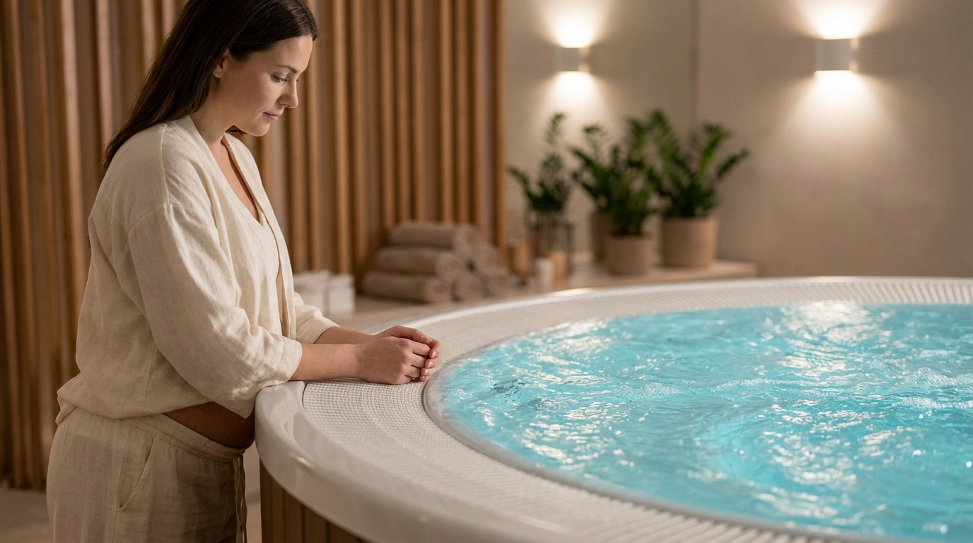 Pregnant woman with serene expression gently rests hands on a modern jacuzzi with shimmering blue-green water in a tranquil spa.