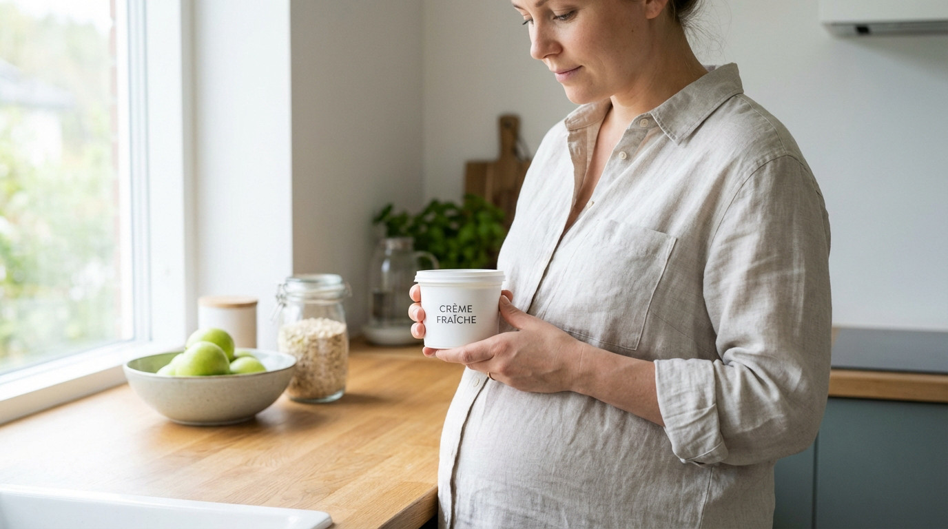A pregnant woman with a serene expression holds a tub of crème fraîche in a bright, modern kitchen with soft natural light.