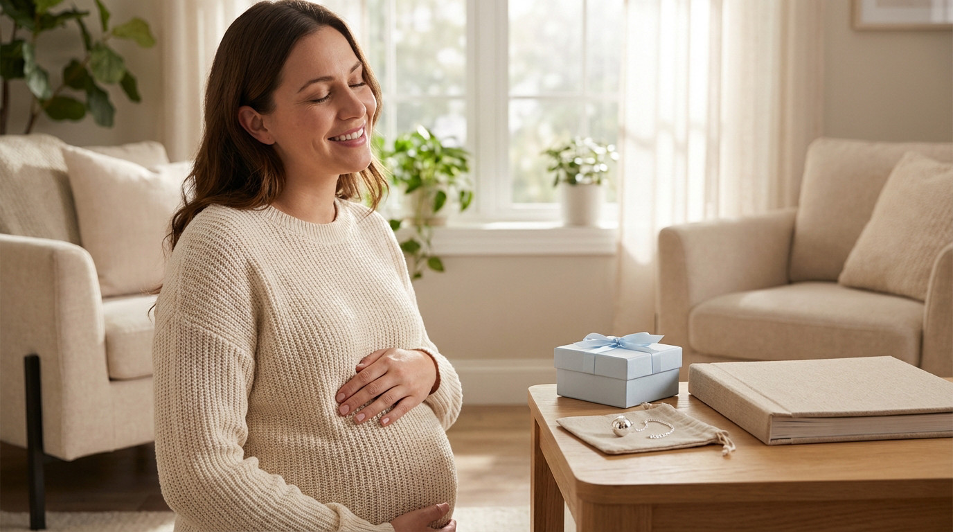 A serene pregnant woman smiles, touching her belly, next to a pregnancy bola, gift box, and keepsake album in a warm living room.