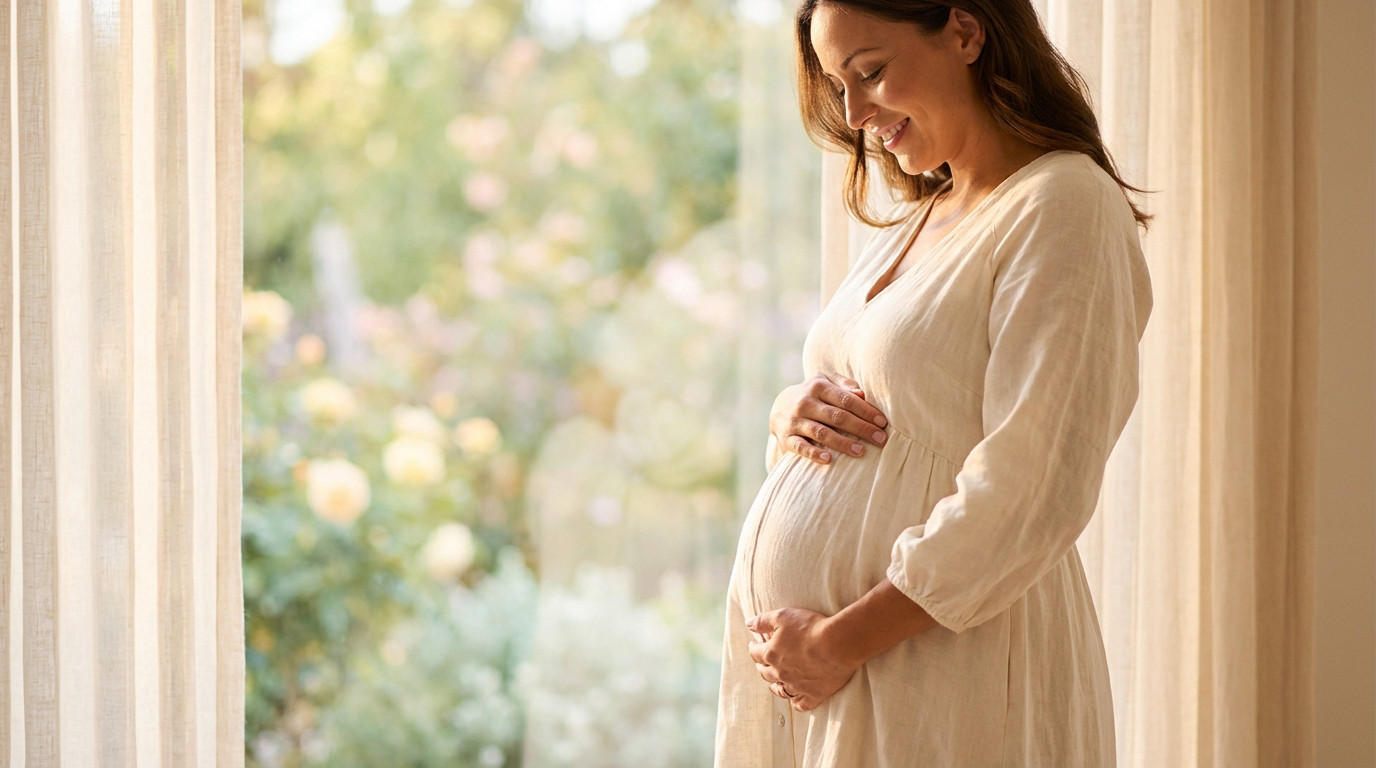 A smiling pregnant woman in a cream dress, gently touching her baby bump, bathed in soft natural light by a window with a blurred garden.