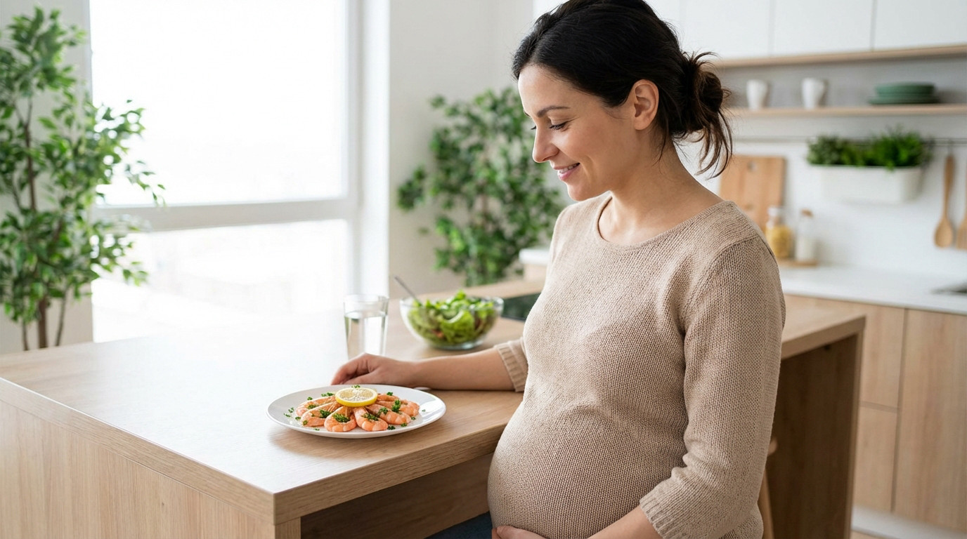 Smiling pregnant woman at a kitchen island, looking at a plate of shrimp with lemon. Healthy meal in a bright, modern kitchen.
