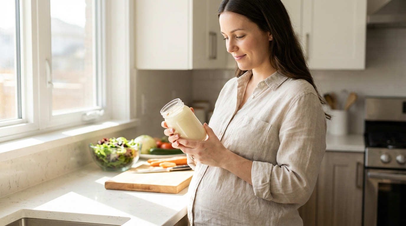 Pregnant woman, late 20s-early 30s, holds a mayonnaise jar in a bright, modern kitchen. Serene smile, healthy food nearby.