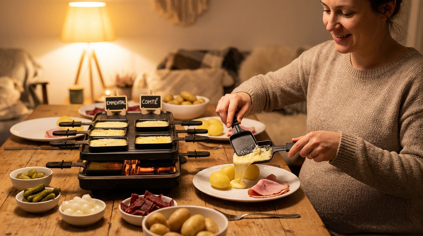 A smiling pregnant woman serves melted raclette cheese onto her plate with potatoes and ham at a cozy, warm-lit wooden table.