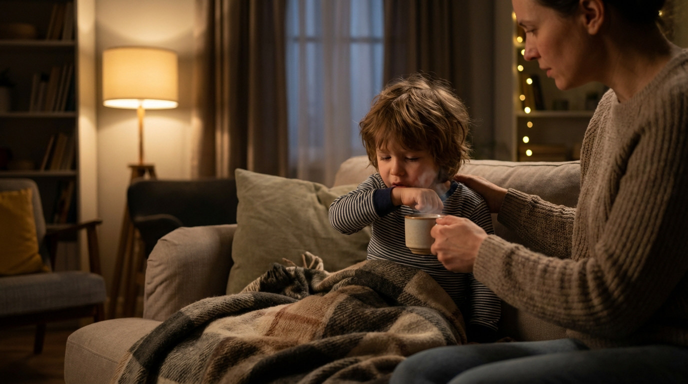 An adult offers a steaming mug to a young child wrapped in a blanket on a cozy sofa in a softly lit room.