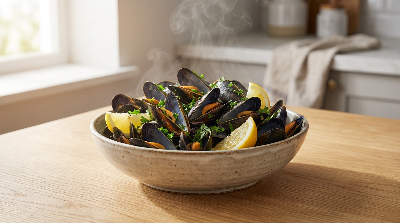 A ceramic bowl of steaming mussels garnished with parsley and lemon wedges on a wooden table, lit by natural window light.