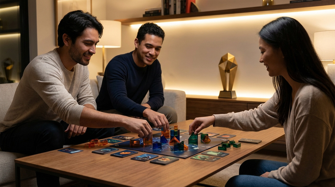 Three diverse people play a vibrant abstract board game in a modern, warm-lit room with a golden geometric trophy in background.