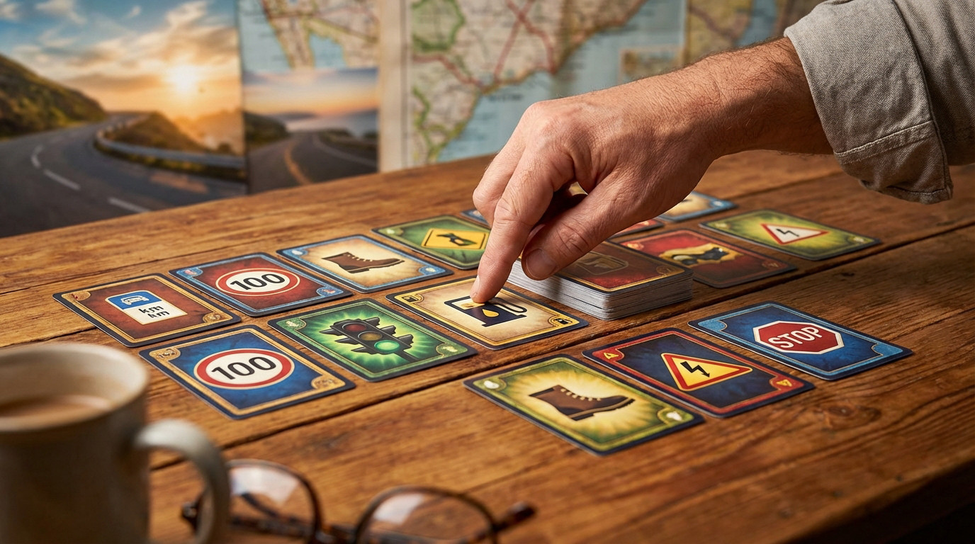 A hand selects a card in a road-trip themed game on a wooden table. Cards show attack, remedy, distance, and safety symbols. Blurred road background.