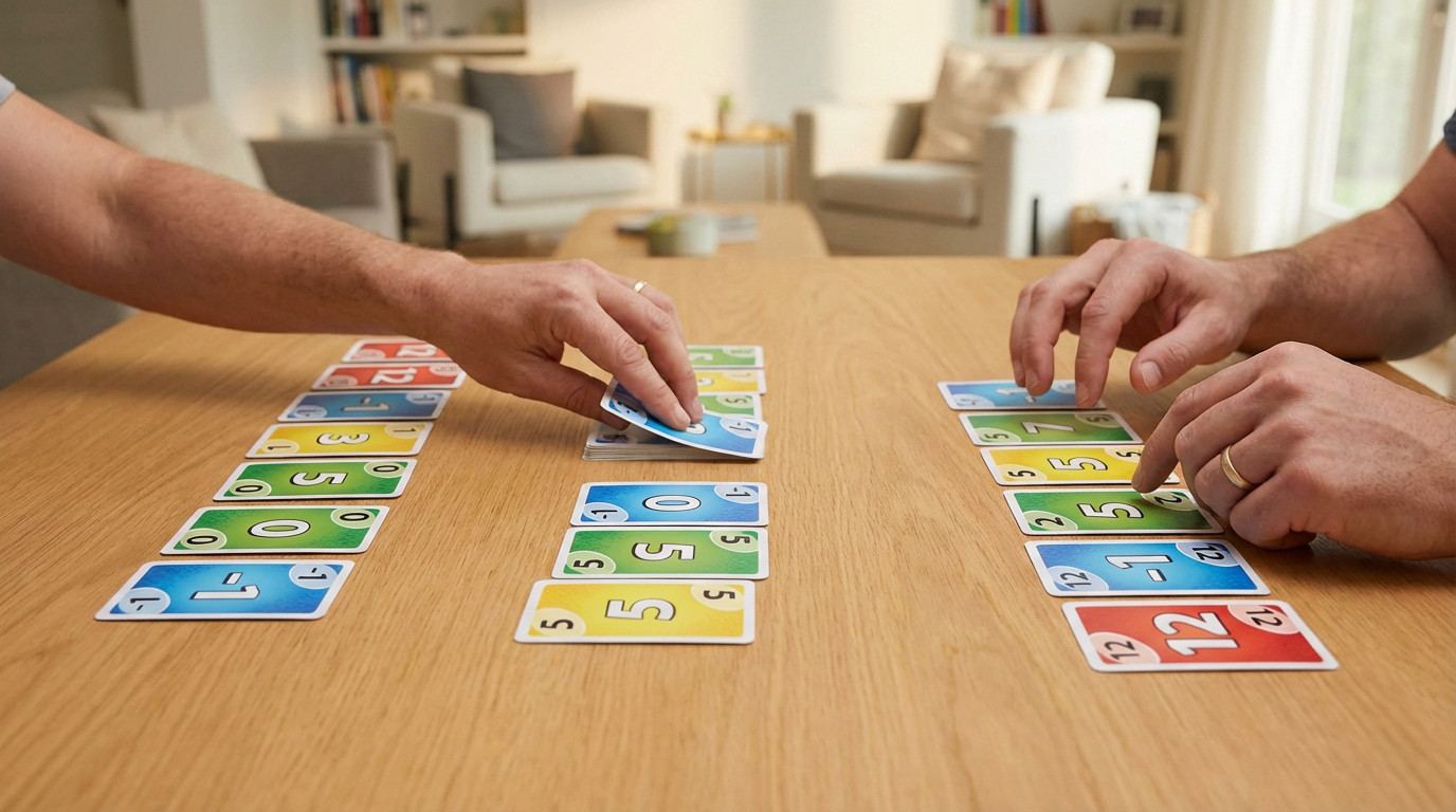 Close-up of a vibrant Skyjo card game on a wooden table, with hands interacting with blue, green, yellow, and red numbered cards.