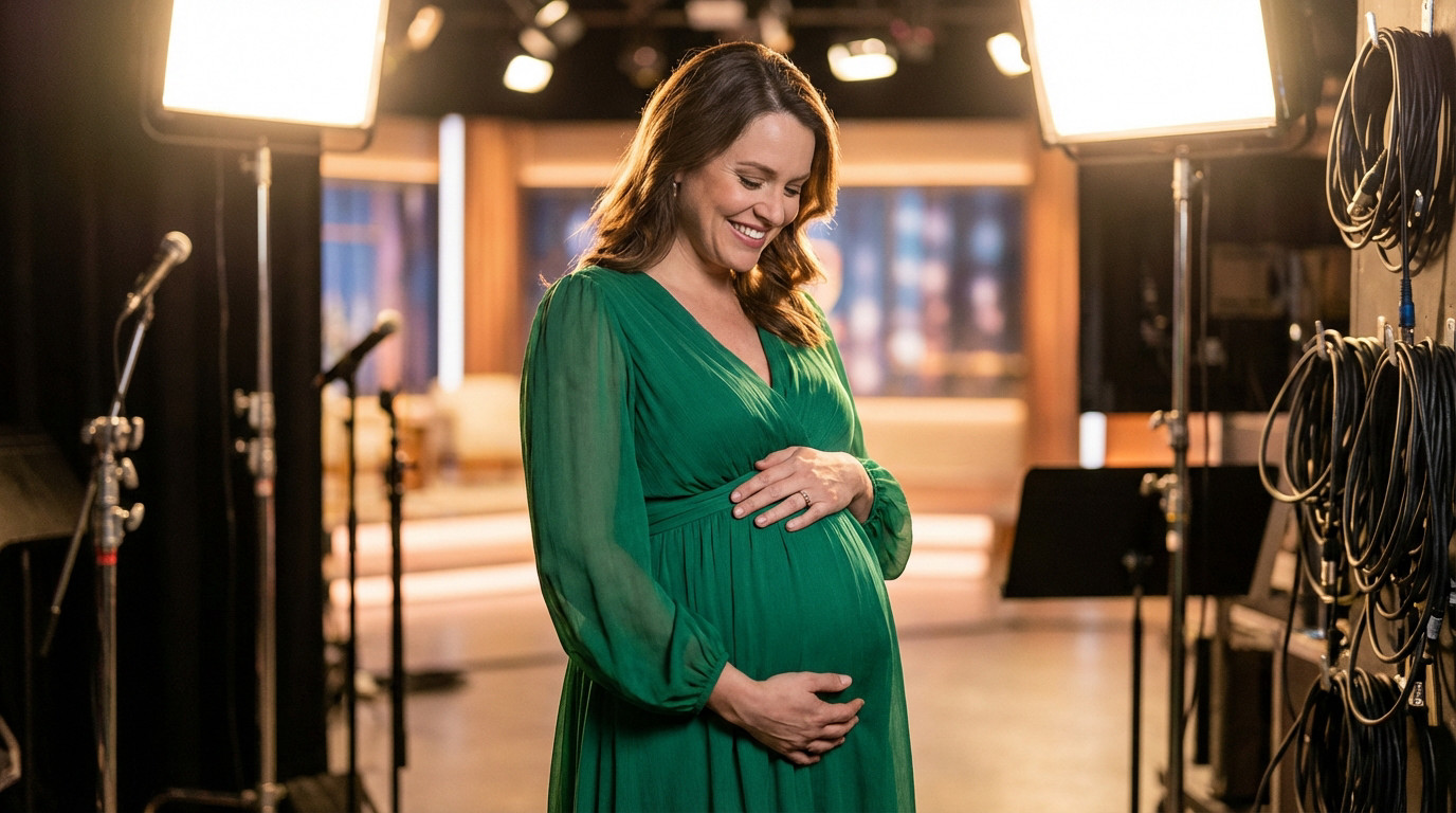 Joyful pregnant woman in green dress, hands on bump, smiling in a softly lit TV studio backstage area.
