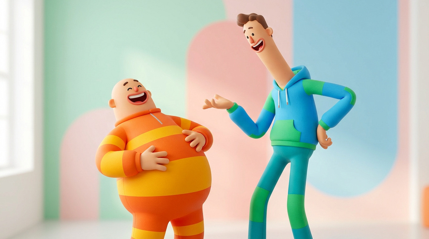 Two stylized 3D characters, one round and jovial, the other tall and lanky, sharing a hearty laugh on a pastel background.