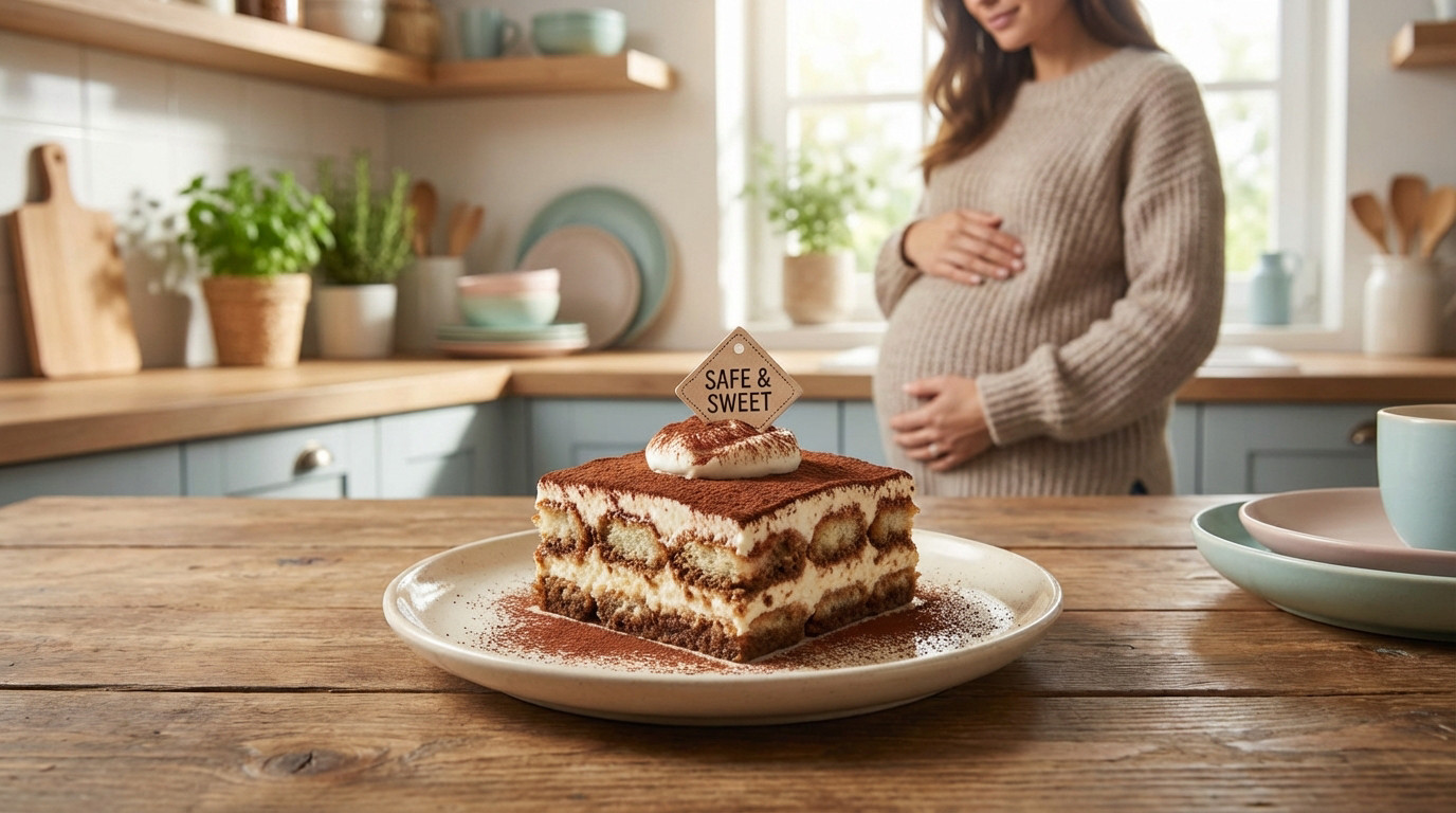 A perfectly plated tiramisu with a 'SAFE & SWEET' tag on a wooden table. In the soft-focus background, a pregnant woman gently touches her belly in a warm kitchen.