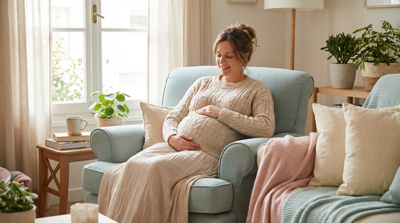 A serene pregnant woman in her third trimester sits in a cozy, sunlit living room, hand on her baby bump, smiling gently.