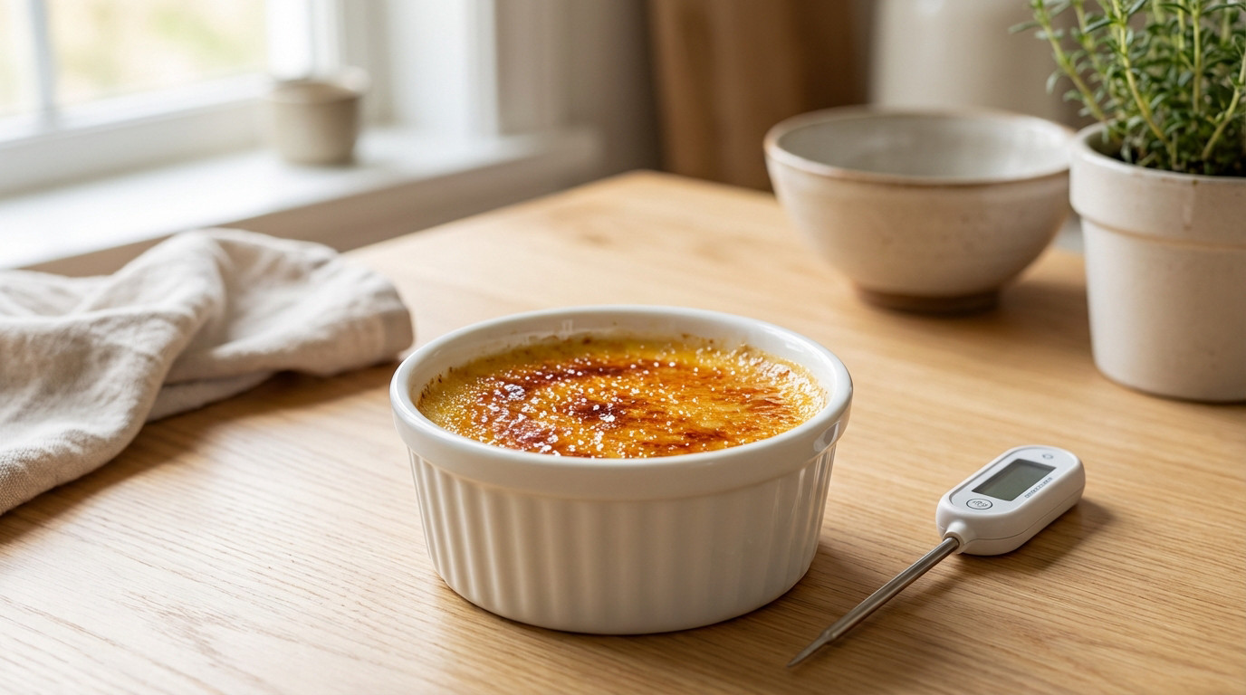 Crème brûlée with crisp, golden sugar topping in a white ramekin on a wood surface. A digital thermometer and blurred kitchen elements are visible.
