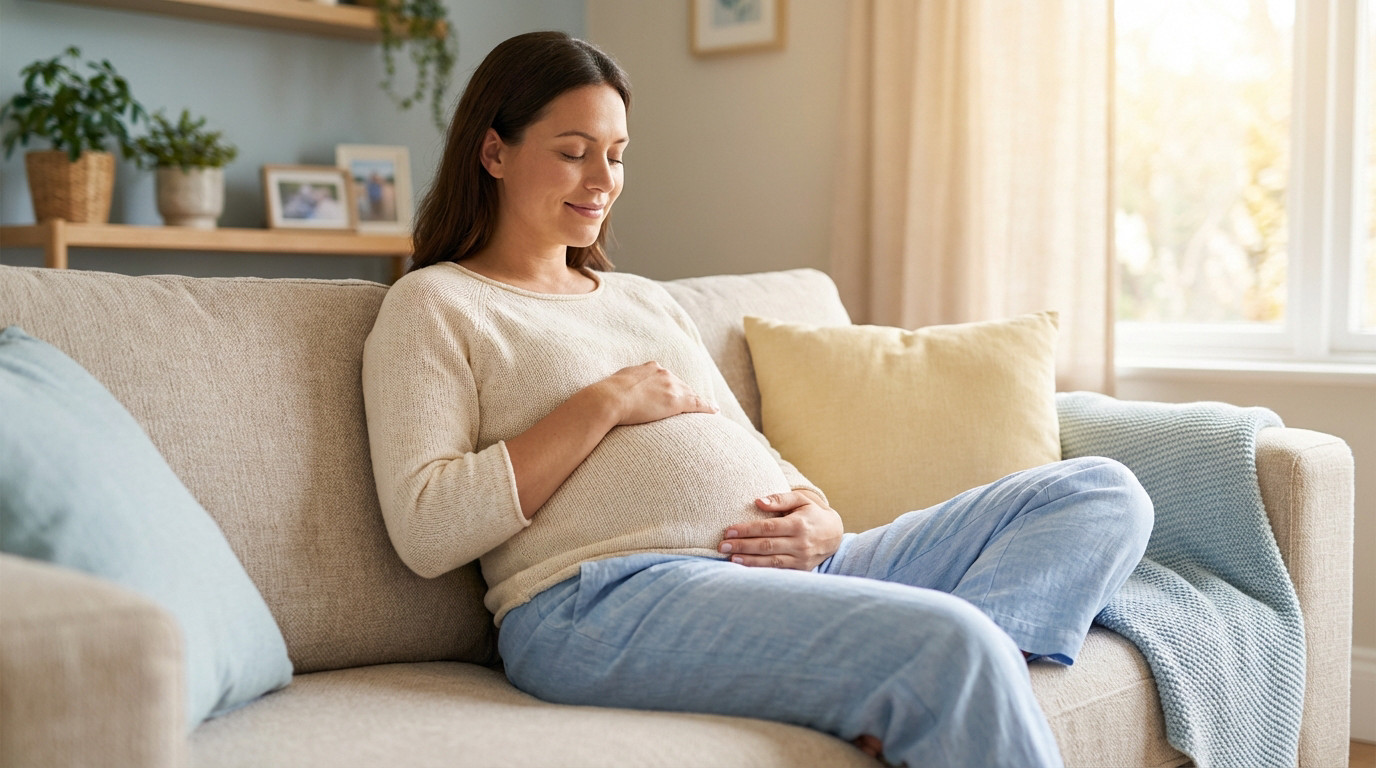 A pregnant woman sits peacefully on a light sofa, hands on her belly, bathed in warm afternoon light from a window.