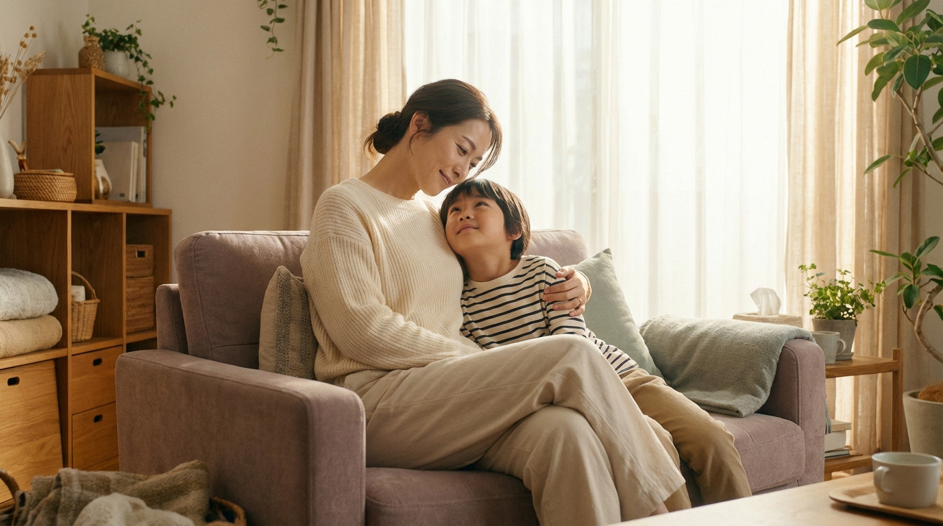 A woman with a gentle expression embraces a child looking up lovingly, seated on a sofa in a warm, sunlit living room.